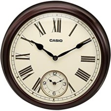 Casio Round Wood Analog Wall Clock (36 x 36 x 7.5 cm, White and Brown)