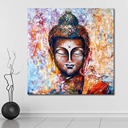 999Store Unframed Large Printed Multi Color Buddha face with Hand Canvas Painting (48X48cms)