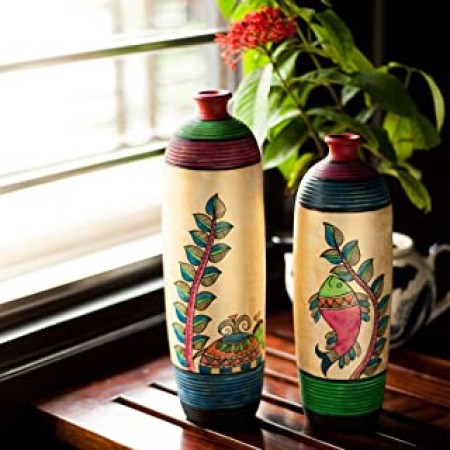ExclusiveLane Madhubani Handpainted Living Room & Home Decorative Bottle Shaped Flower Terracotta Vases (9.9 cm x 9.9 cm x 33.3 cm, Set of 2)