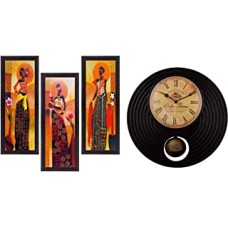 eCraftIndia Set of 3 Tribal Village Ladies Satin Matt Texture Up Art Painting & Antique Design Pendulum Handcrafted Wooden Wall Clock (28.75 cm X 5 cm X 28.75 cm, Black and Brown) Combo