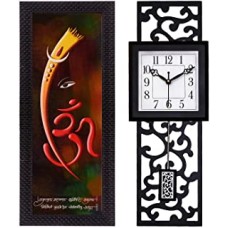 eCraftIndia 'Lord Ganesha and Om Matt Texture' Up Art Painting (Synthetic Wood, 18 cm X 2 cm X 41 cm) & Rectangle Wooden Analog Wall Clock (17 cm X 53 cm, Black, Wwccwk7147_Bl) Combo