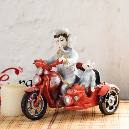 Polyresin Lord Ganesha Riding Bullet With Mooshak Figurine Statue for Home Decor (Red)