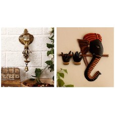 eCraftIndia Dancing Ganesha Brass Wall Hanging Deepak with Bell (10 cm X 7 cm X 25, Brown and Golden) & Bansuri Ganesha Wrought Iron Wall Hanging (43 cm X 3 cm X 38) Combo
